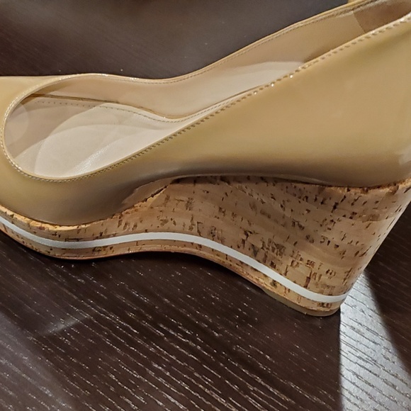 Prada Patent Leather Peep Toe Cork Wedge Pump Shoes Womens  Prada Nude Patent Peep Toe Cork Wedge Shoes